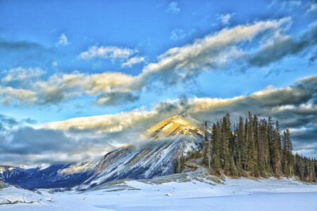 clouds, lake, mountains, snow, the sky, trees, winter