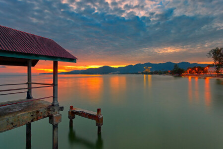 nori, casă, lac, lumini, munţi, străpunge, apus de soare, cerul