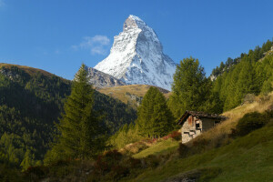 Alpes, bleu, maison, Matterhorn, montagnes, de pointe, pente, Ensoleillé