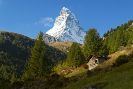 Alps, blue, house, Matterhorn, mountains, peak, slope, Sunny