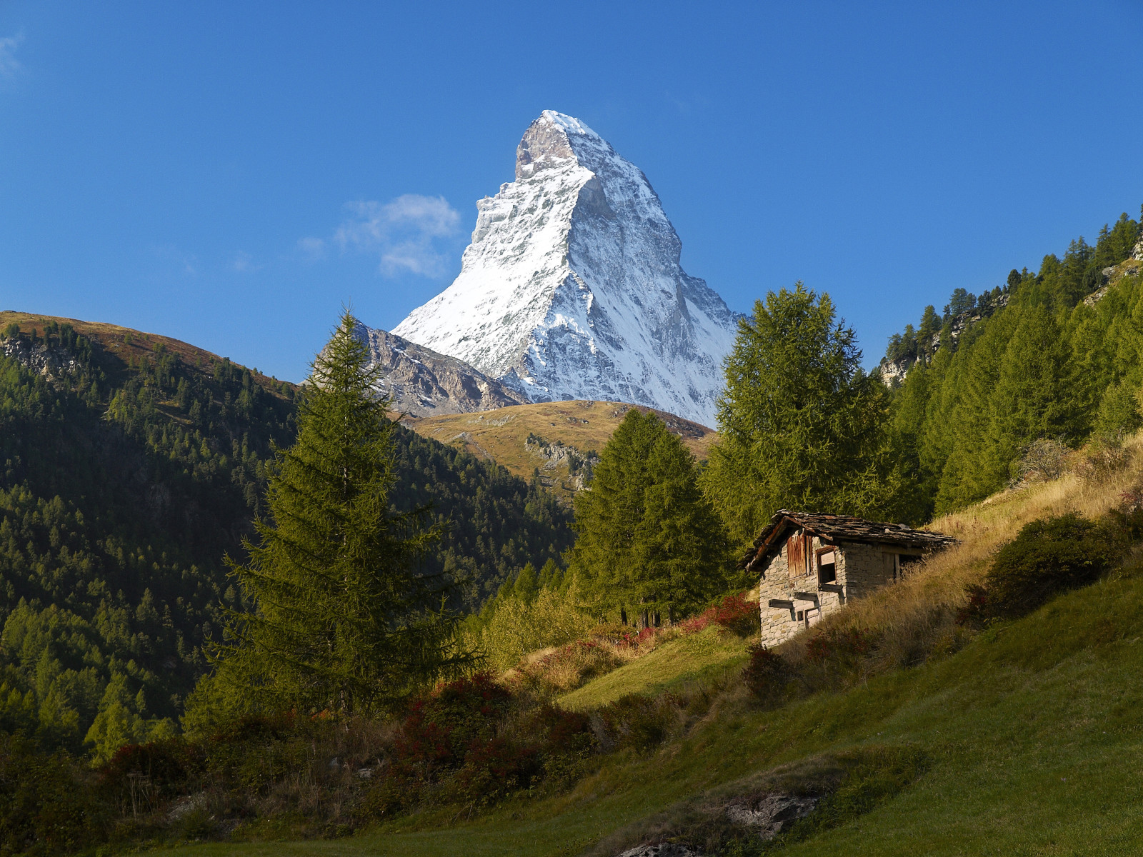 Blau, der Himmel, Haus, Schweiz, Matterhorn, Bäume, Berge, Alpen