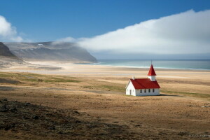 de praia, Igreja, panorama, montanhas, poberezhbe, mar