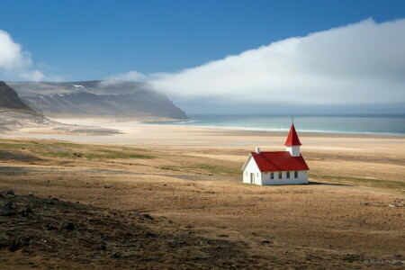 strand, Kerk, landschap, bergen, poberezhbe, zee