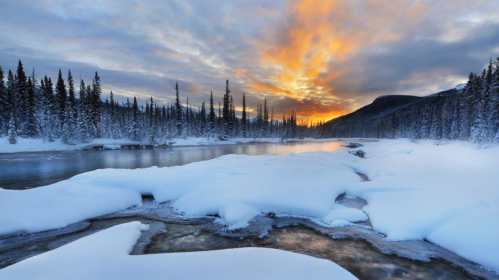 hó, folyó, téli, fák, Kanada, Albert, hegyek, Banff Nemzeti Park