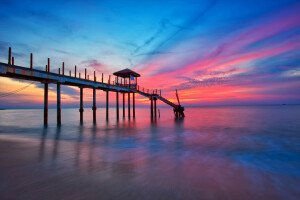 nubes, resplandor, muelle, atravesar, mar, puesta de sol, el cielo