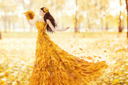 autumn, bokeh, girls, leaves