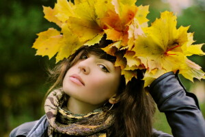 l'automne, fille, feuilles