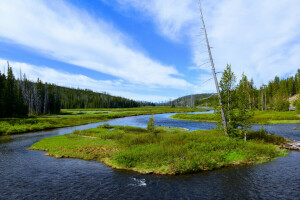 clouds, grass, island, mountains, river, the sky, trees, USA