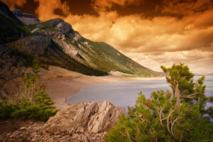 clouds, mountains, Needles, reefs, rocks, sea, shore, The ocean