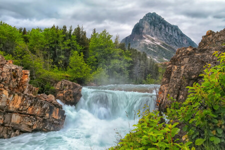 mountains, river, rocks, stream, trees, waterfall