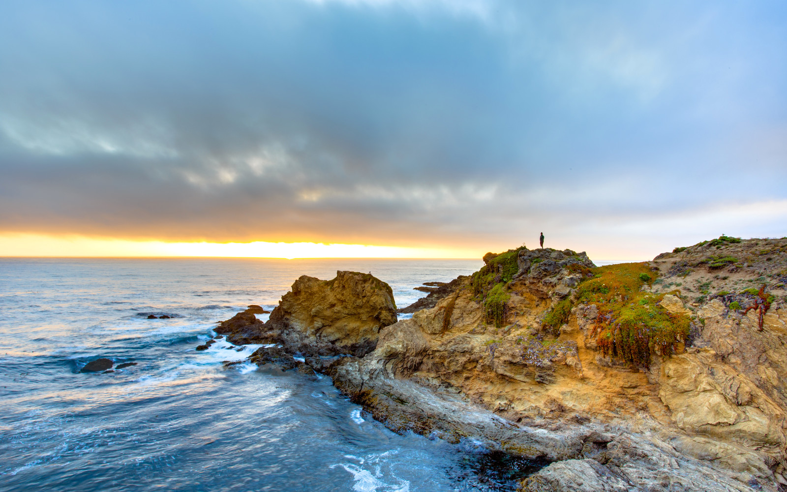 niebo, zachód słońca, peleryna, morze, chmury, Ocean, USA, Kalifornia