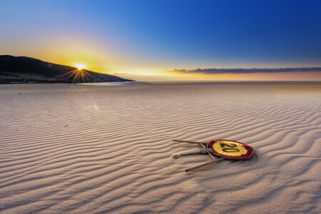 mare, riva, Cartello, tramonto