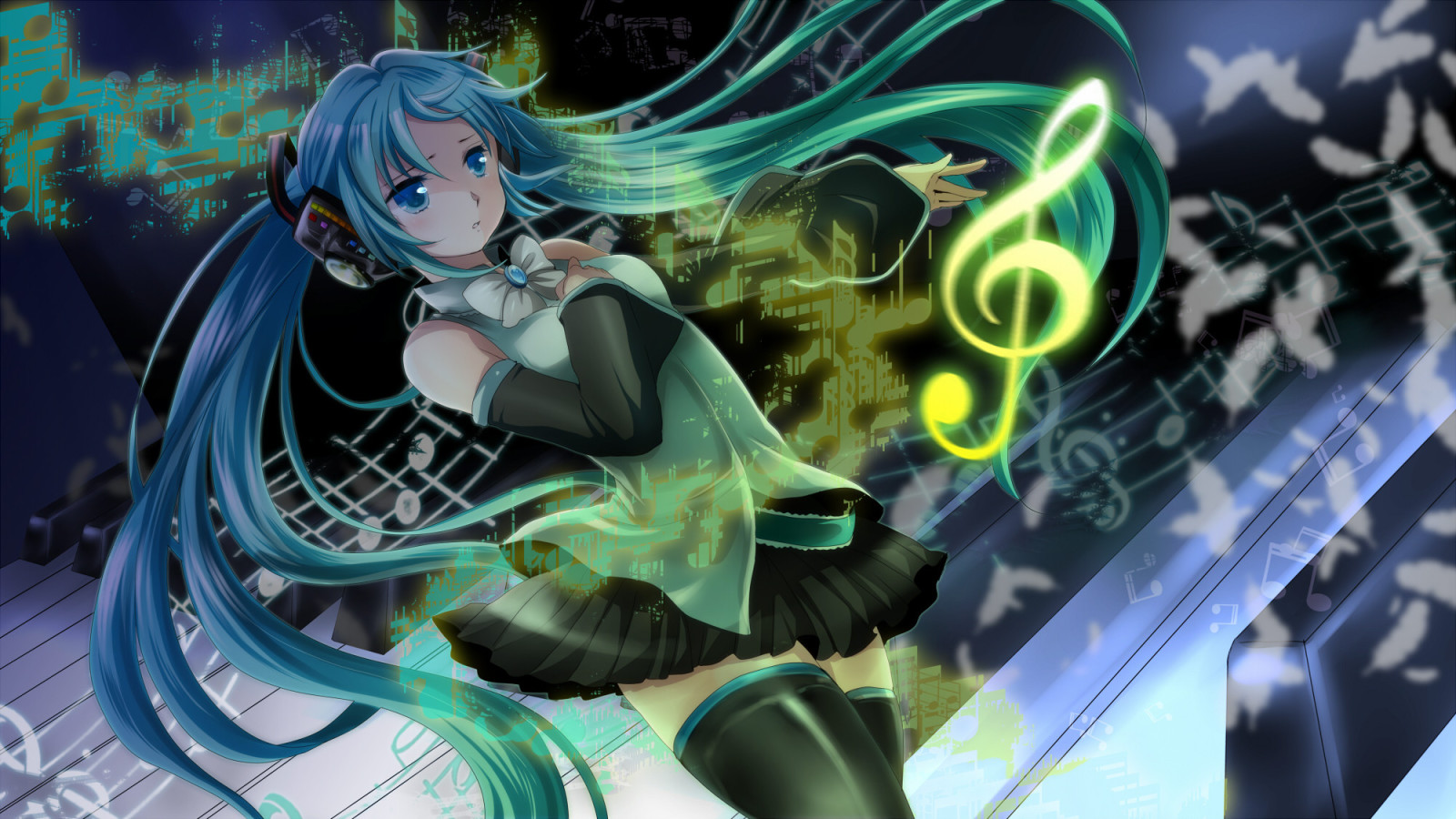 fille, art, arc, plumes, Écouteurs, Remarques, vocaloid, Hatsune Miku