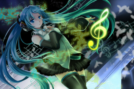 art, bow, feathers, girl, hatsune miku, Headphones, marireroy, mariwai