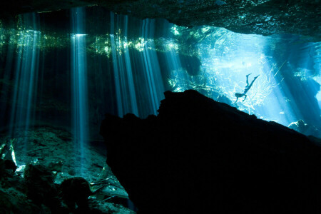 AKUMAL, cenotes, plongeur, échec, Mexique, Des rayons