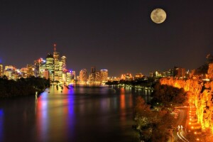 highway, home, lighting, night, The moon, trees