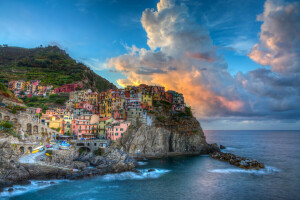 edificio, Cinque Terre, nubes, costa, Italia, paisaje, Mar de Liguria, Manarola