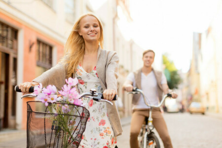 vélos, fille, gars, paire, gens, marcher