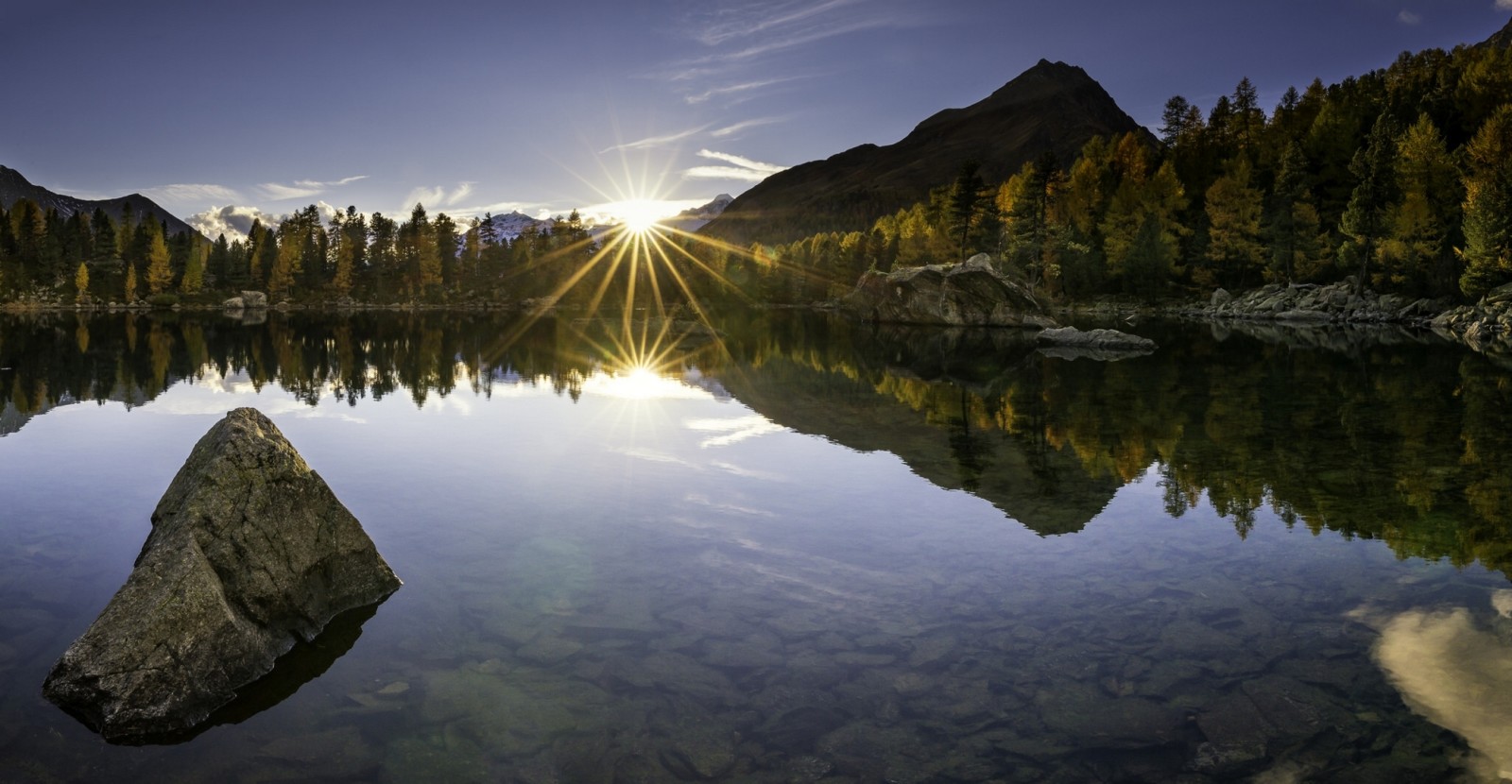 høst, Sveits, innsjø, solnedgang, refleksjon, steiner, fjellene, bunnen