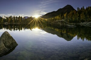 ősz, Lago di Saoseo, tó, hegyek, Poschiavo, visszaverődés, elkobzás, kövek