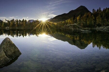 herfst, Lago di Saoseo, meer, bergen, Poschiavo, reflectie, beslaglegging, stenen