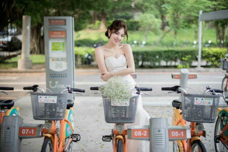 vélos, fille, rue