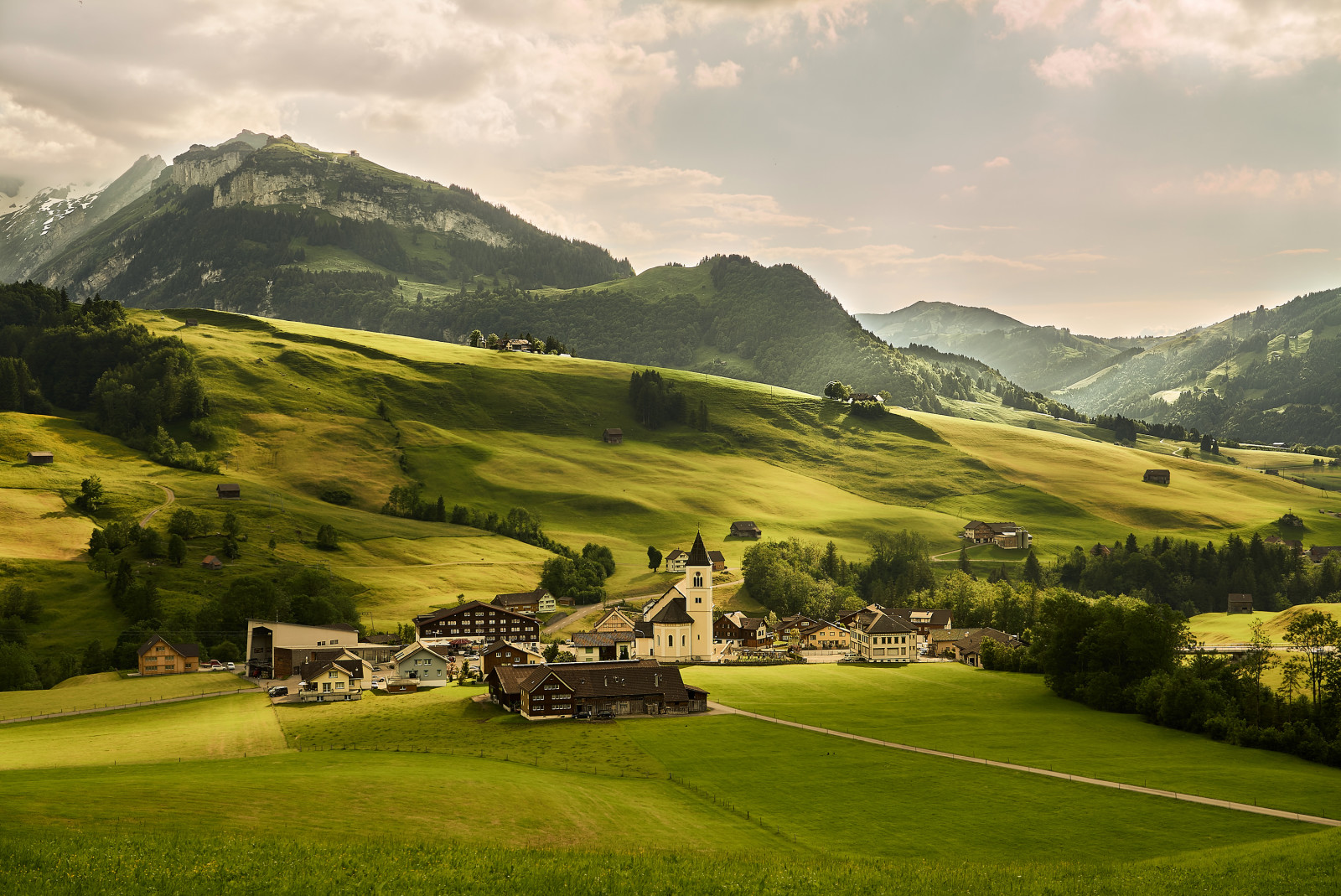 Suíça, árvores, verduras, campo, montanhas, casa, Alpes, prados