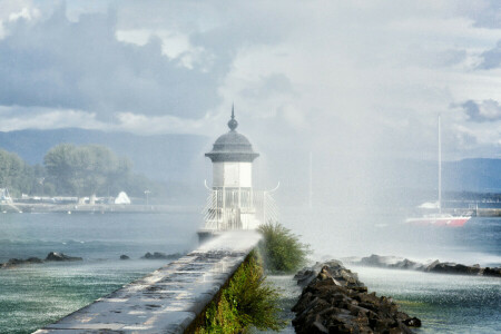 Lac, lac de Genève, Phare, pluie, jet, Suisse