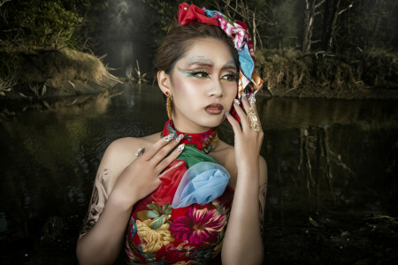 asiatisk, hænder, makeup, manicure, model, stil, vand