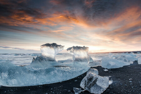 beach, ice, Iceland, light, sea, stones