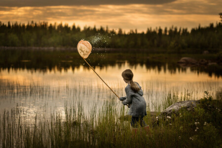 flicka, sjö, solnedgång