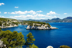 Bay, boats, France, Marseille, rocks, sea, shore