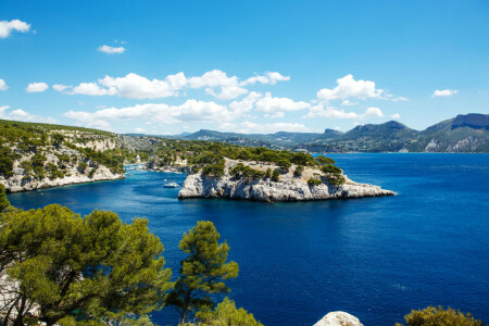 Bucht, Boote, Frankreich, Marseille, Felsen, Meer, Ufer