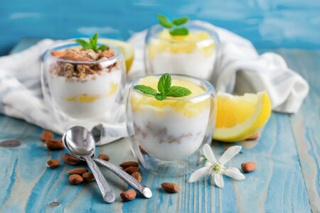 almonds, glasses, grapefruit, nuts, spoon, yogurt