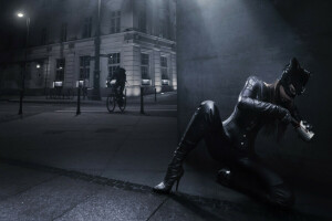 bottes, catwoman, costume, cycliste, masque, la ville, étain