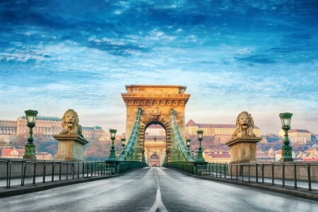 difuminar, bokeh, Budapest, amanecer cielo nubes, Hungría, mi planeta, verano, Puente de las cadenas Széchenyi