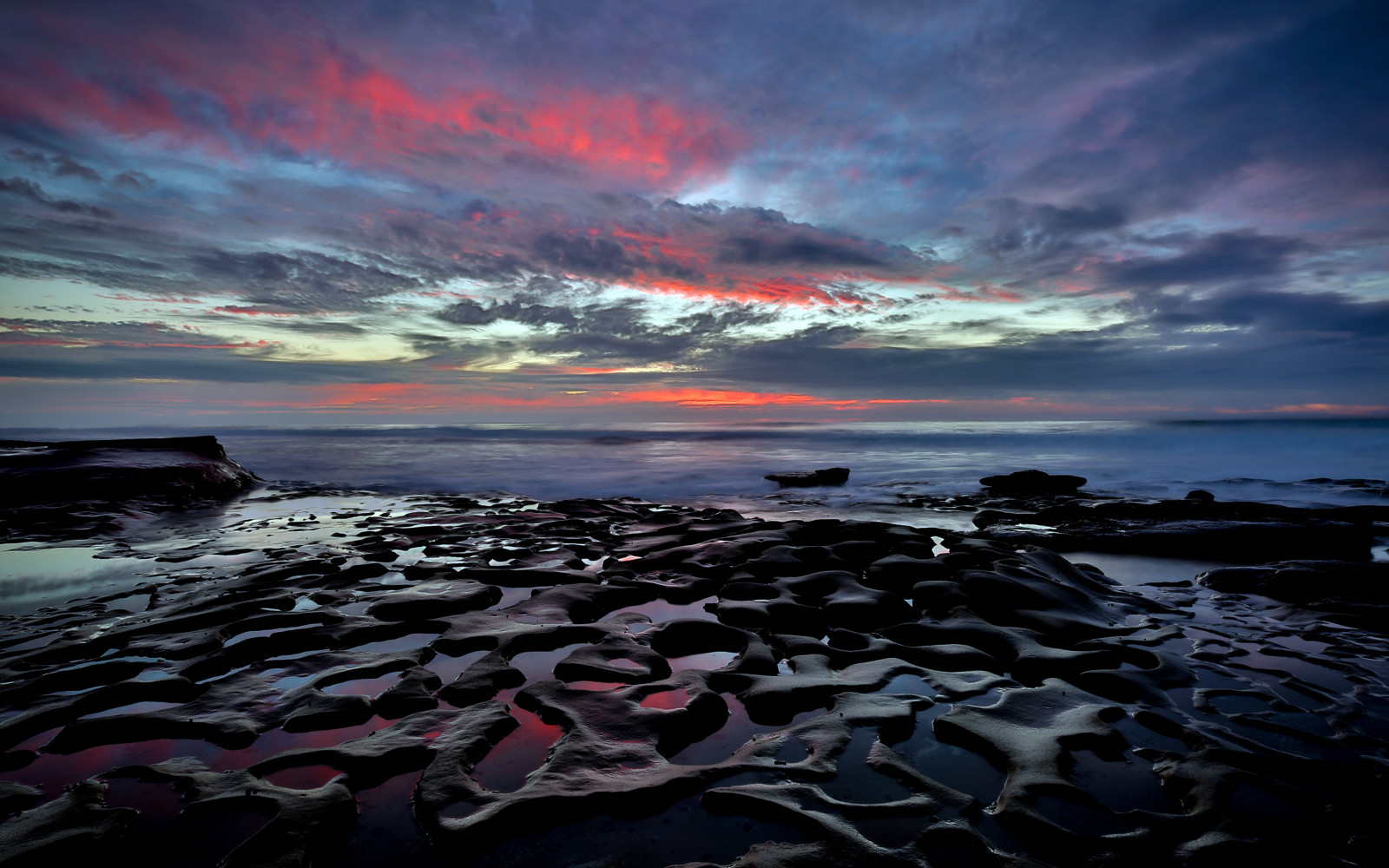 берег, пляж, камни, Океан, Калифорния, Сан Диего, rasvet, Пляж La Jolla