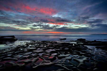 plajă, California, Plaja La Jolla, rasvet, San Diego, mal, pietre, Oceanul