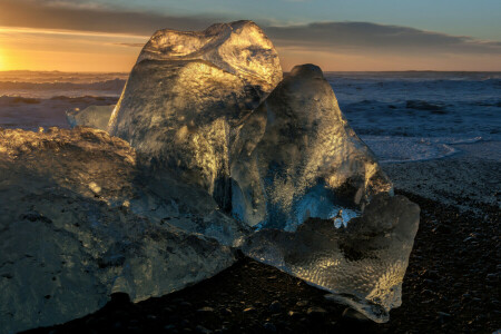 ледяное поле, лед, море, заход солнца, солнце