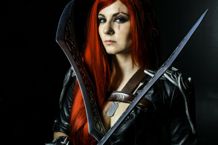 cosplay, green eyes, look, pirate, redhead, swords