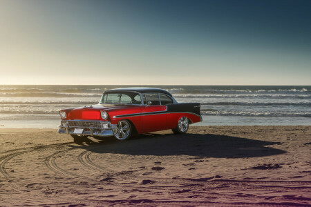 1956, Bel Air, Auto, Vorderseite, alt, Meer, Sommer-, Sonne