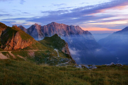 gorge, haze, landscape, mountains, nature