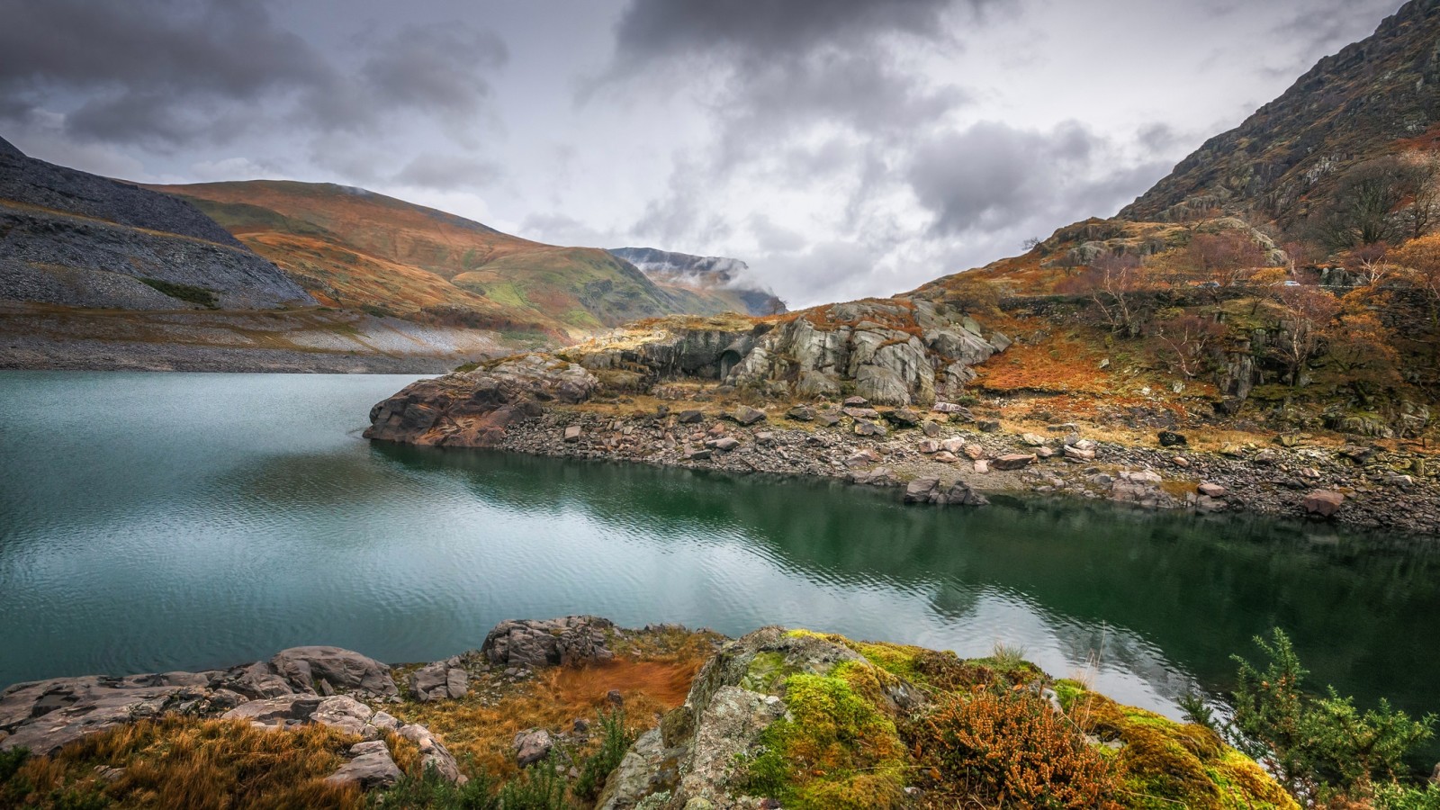 outono, lago, País de Gales, Snowdonia, Llyn Peris