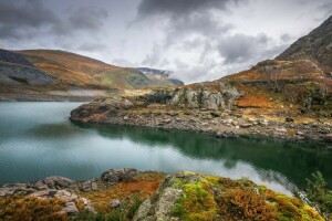 autunno, lago, Llyn Peris, Snowdonia, Galles