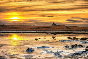 veld-, landschap, zonsondergang