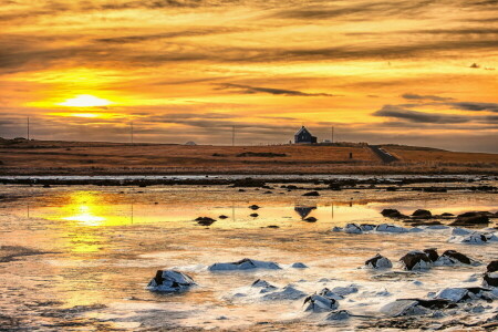 campo, paisaje, puesta de sol