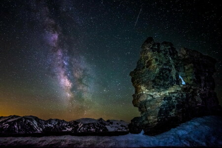 montanhas, noite, estrelas, a via Láctea, o céu