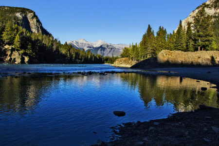 Banff, Banff National Park, Canada, forest, lake, mountains, rocks, shore