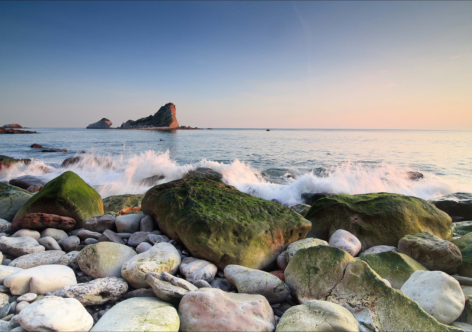 natura, il cielo, riva, pietre, mare, orizzonte, roccia, schizzare