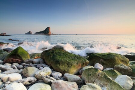 horizonte, natureza, Rocha, mar, costa, esguichar, pedras, surfar